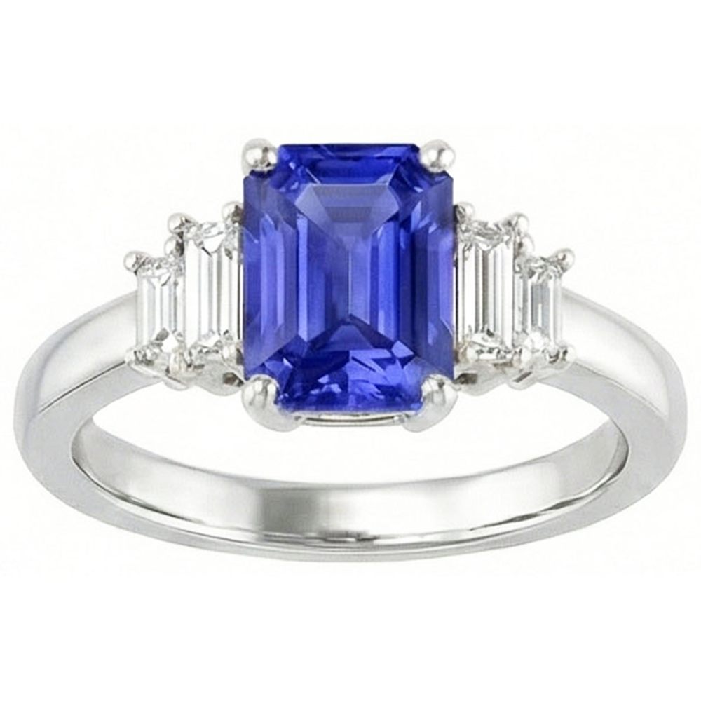 Baguette Natural Earth Mined Diamond Ring Ceylon Sapphire Jewelry 2.50 Carats 4 Prong Set
