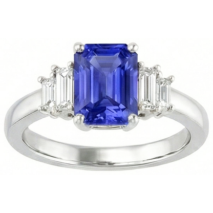 Baguette Natural Earth Mined Diamond Ring Ceylon Sapphire Jewelry 2.50 Carats 4 Prong Set