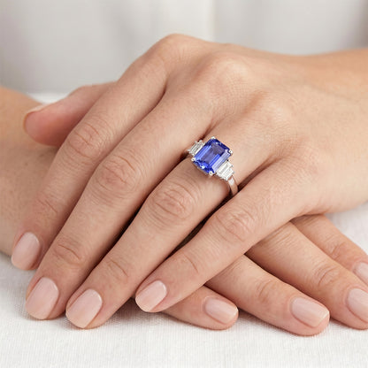 Baguette Natural Earth Mined Diamond Ring Ceylon Sapphire Jewelry 2.50 Carats 4 Prong Set