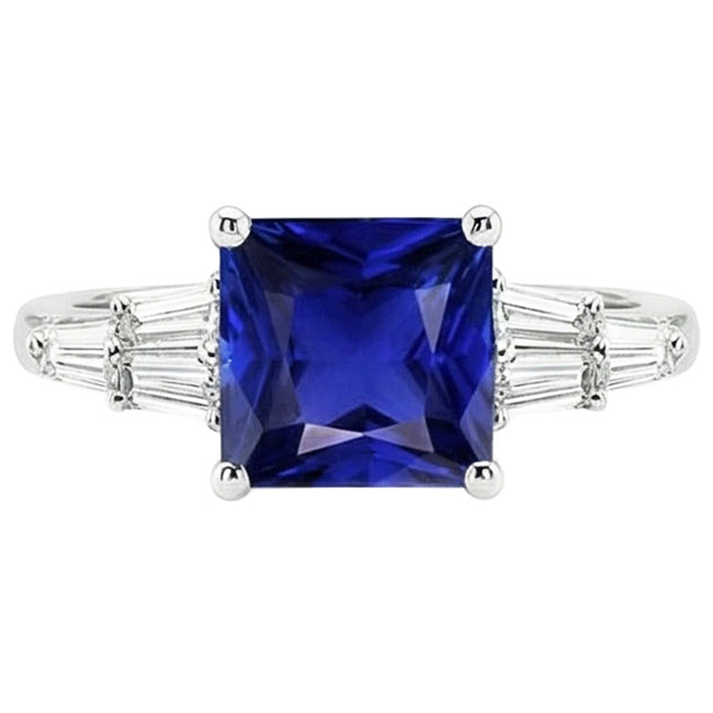 Baguette Natural Earth Mined Diamond Ring & Princess Ceylon Sapphire Gemstone 5.50 Carats