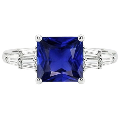 Baguette Natural Earth Mined Diamond Ring & Princess Ceylon Sapphire Gemstone 5.50 Carats