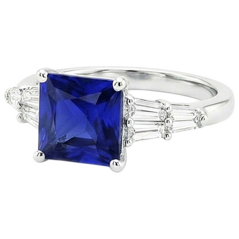 Baguette Natural Earth Mined Diamond Ring & Princess Ceylon Sapphire Gemstone 5.50 Carats