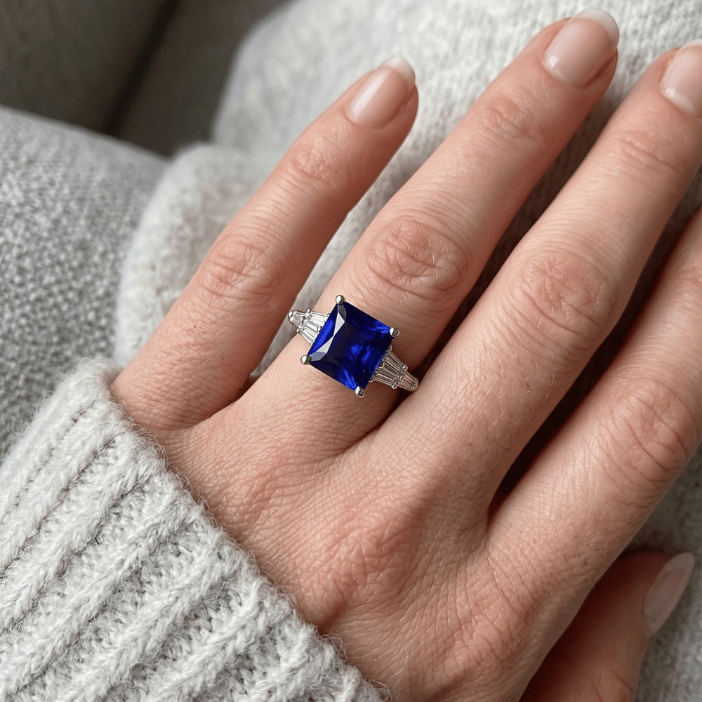 Baguette Natural Earth Mined Diamond Ring & Princess Ceylon Sapphire Gemstone 5.50 Carats