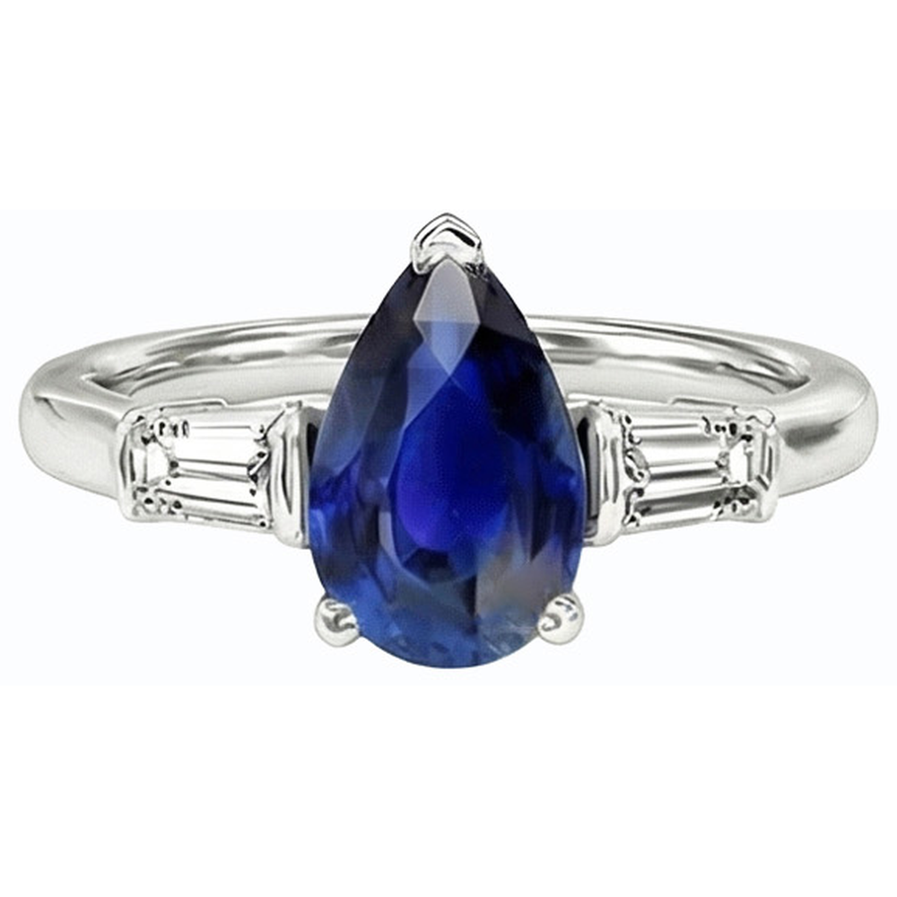 Baguette Natural Earth Mined Diamond Three Stone Ceylon Sapphire Ring 2.50 Carats