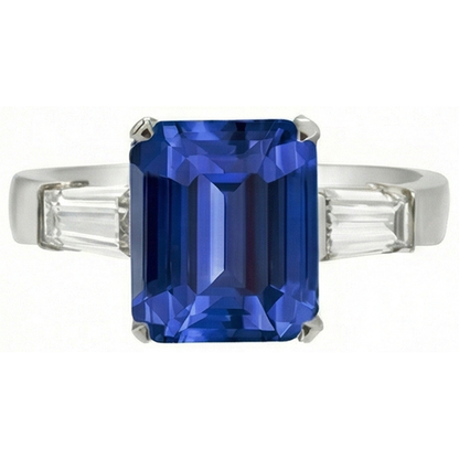 Baguette Natural Earth Mined Diamond Three Stone Emerald Ceylon Sapphire Ring 3.50 Carats