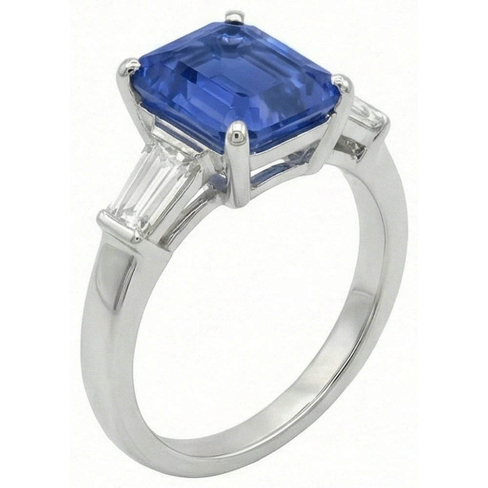 Baguette Natural Earth Mined Diamond Three Stone Emerald Ceylon Sapphire Ring 3.50 Carats