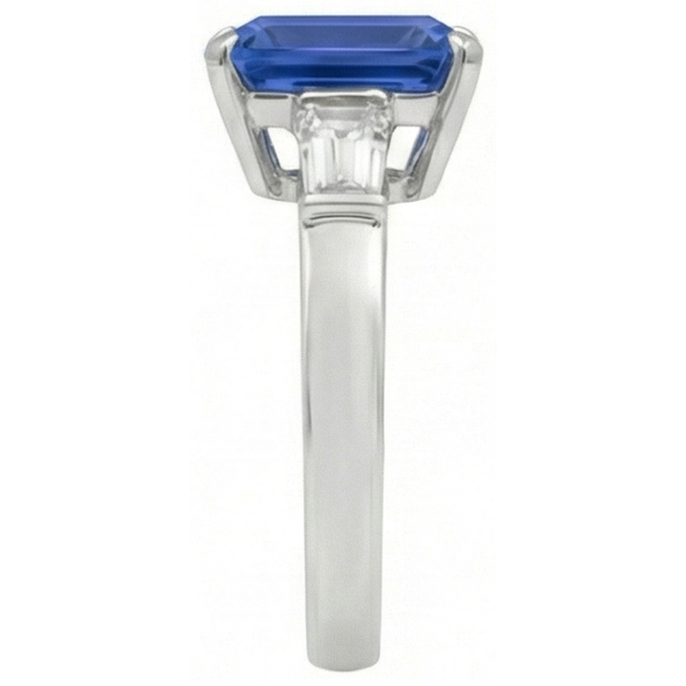 Baguette Natural Earth Mined Diamond Three Stone Emerald Ceylon Sapphire Ring 3.50 Carats