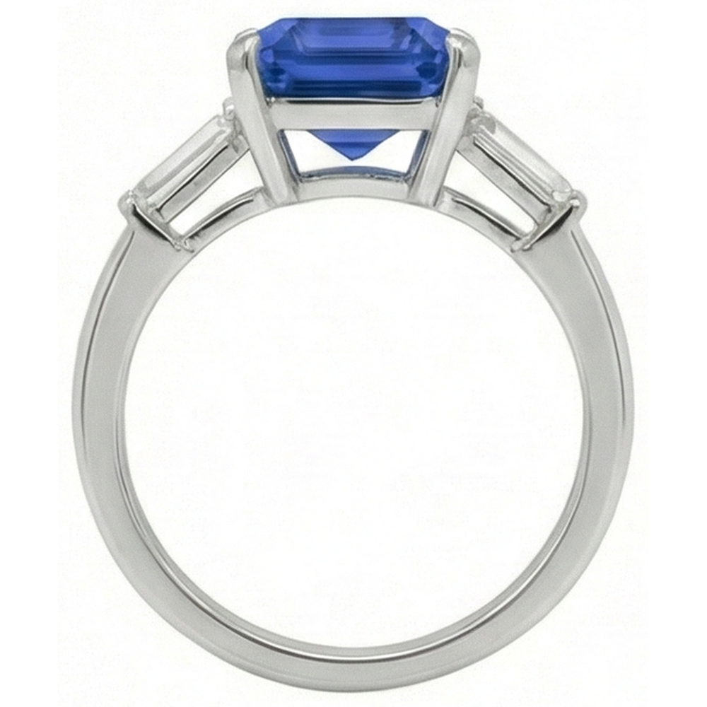 Baguette Natural Earth Mined Diamond Three Stone Emerald Ceylon Sapphire Ring 3.50 Carats