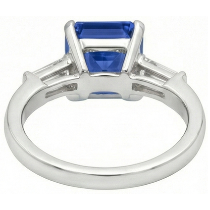 Baguette Natural Earth Mined Diamond Three Stone Emerald Ceylon Sapphire Ring 3.50 Carats