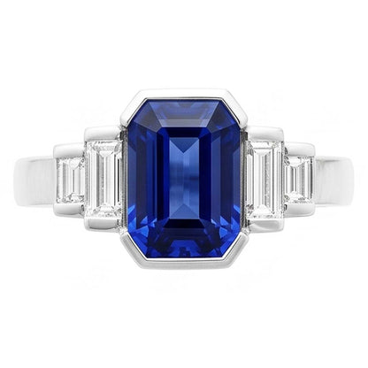 Baguette Natural Earth Mined Diamond & Radiant Cut Blue Sapphire Ring Bar Set 2 Carats
