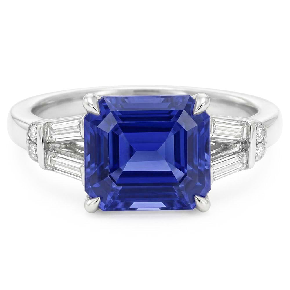 Baguette & Round Natural Earth Mined Diamond Ceylon Sapphire Ring Emerald Cut 2.50 Carats