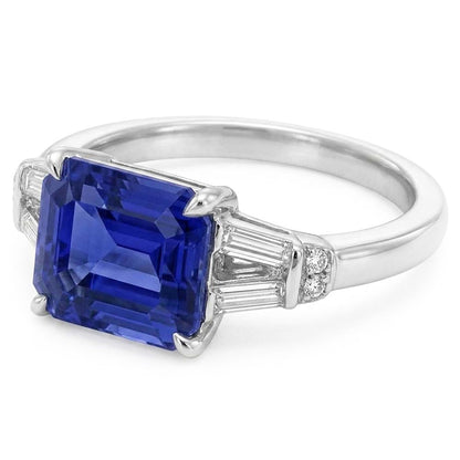 Baguette & Round Natural Earth Mined Diamond Ceylon Sapphire Ring Emerald Cut 2.50 Carats