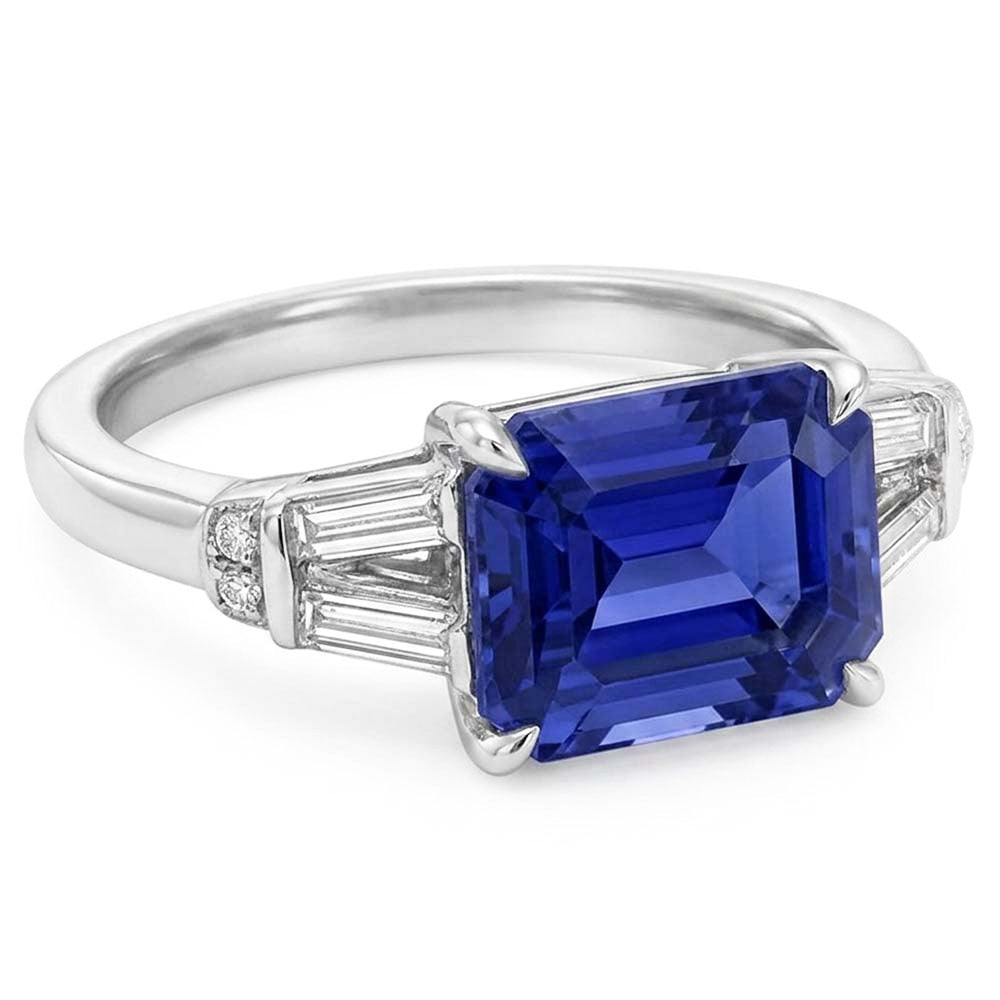 Baguette & Round Natural Earth Mined Diamond Ceylon Sapphire Ring Emerald Cut 2.50 Carats