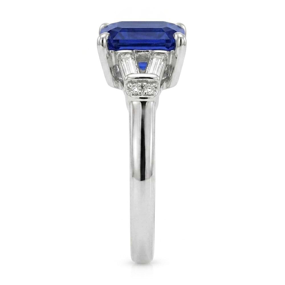 Baguette & Round Natural Earth Mined Diamond Ceylon Sapphire Ring Emerald Cut 2.50 Carats