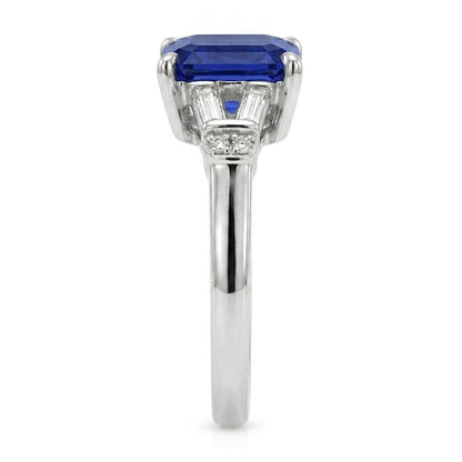 Baguette & Round Natural Earth Mined Diamond Ceylon Sapphire Ring Emerald Cut 2.50 Carats