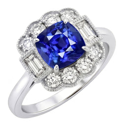Baguette & Round Natural Earth Mined Diamond Halo Cushion Sapphire Ring 2.50 Carats Prongs
