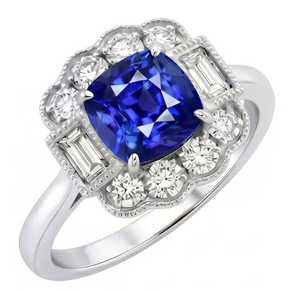 Baguette & Round Natural Earth Mined Diamond Halo Cushion Sapphire Ring 2.50 Carats Prongs