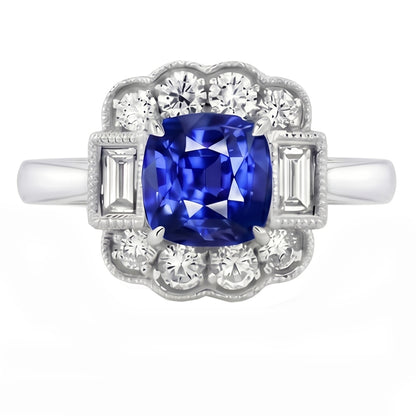 Baguette & Round Natural Earth Mined Diamond Halo Cushion Sapphire Ring 2.50 Carats Prongs