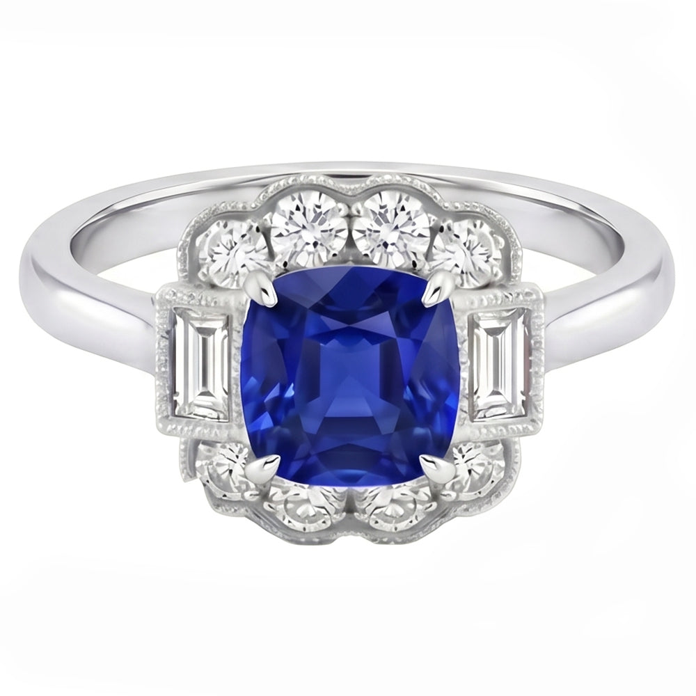 Baguette & Round Natural Earth Mined Diamond Halo Cushion Sapphire Ring 2.50 Carats Prongs