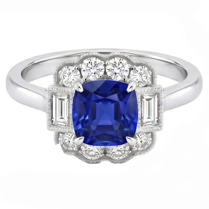 Baguette & Round Natural Earth Mined Diamond Halo Cushion Sapphire Ring 2.50 Carats Prongs