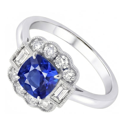 Baguette & Round Natural Earth Mined Diamond Halo Cushion Sapphire Ring 2.50 Carats Prongs