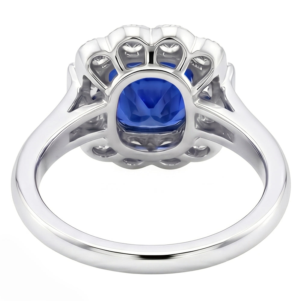 Baguette & Round Natural Earth Mined Diamond Halo Cushion Sapphire Ring 2.50 Carats Prongs