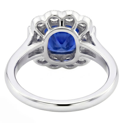 Baguette & Round Natural Earth Mined Diamond Halo Cushion Sapphire Ring 2.50 Carats Prongs
