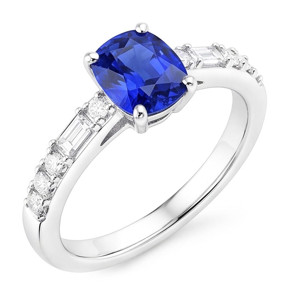 Baguette & Round Natural Earth Mined Diamond Ring Cushion Ceylon Sapphire 2.50 Carats