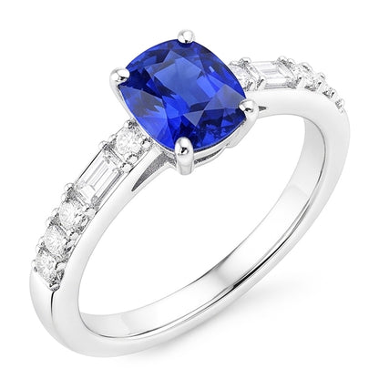 Baguette & Round Natural Earth Mined Diamond Ring Cushion Ceylon Sapphire 2.50 Carats