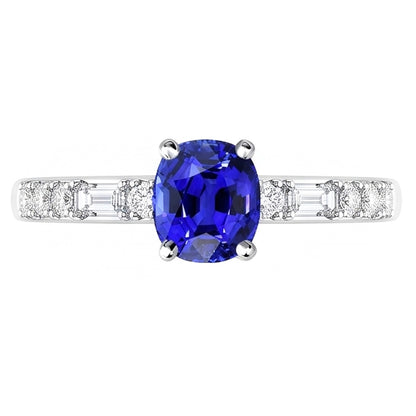 Baguette & Round Natural Earth Mined Diamond Ring Cushion Ceylon Sapphire 2.50 Carats