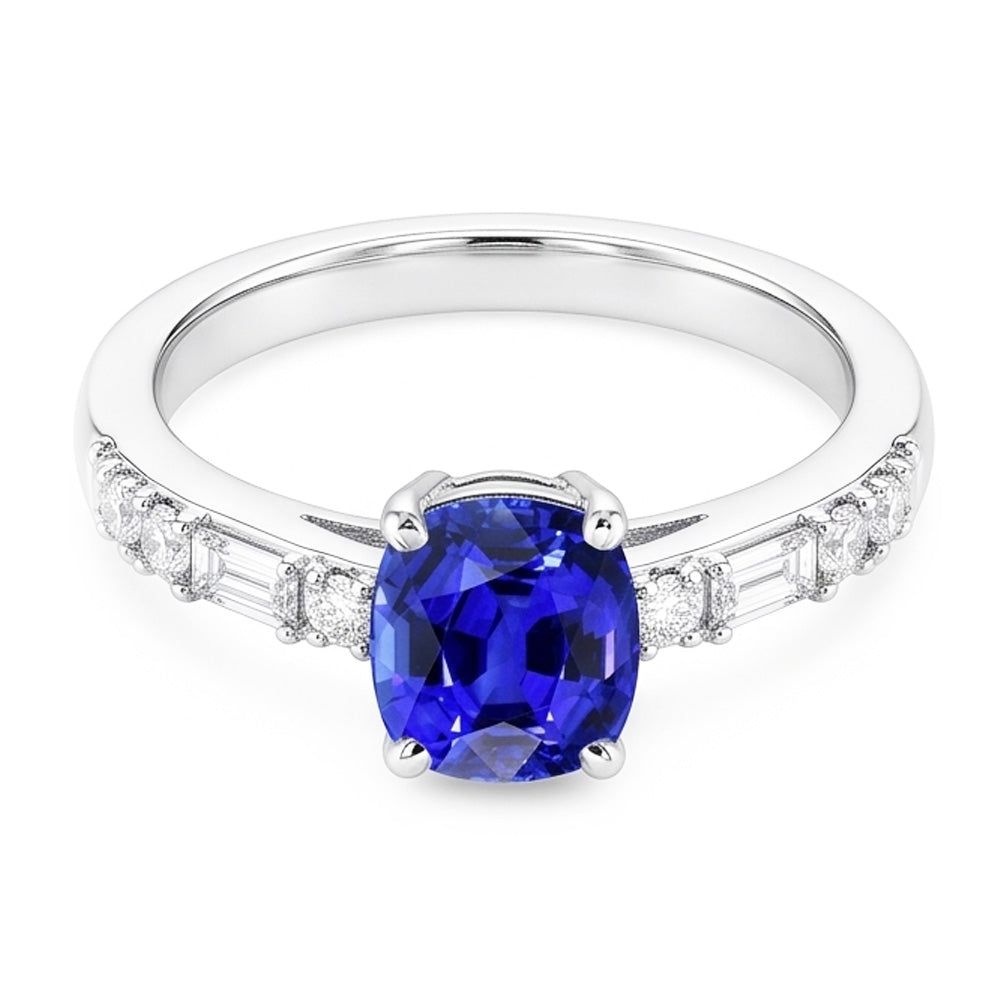 Baguette & Round Natural Earth Mined Diamond Ring Cushion Ceylon Sapphire 2.50 Carats