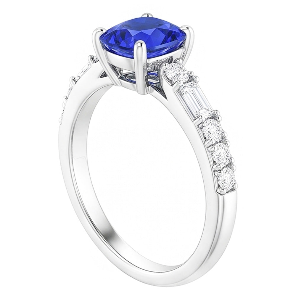 Baguette & Round Natural Earth Mined Diamond Ring Cushion Ceylon Sapphire 2.50 Carats
