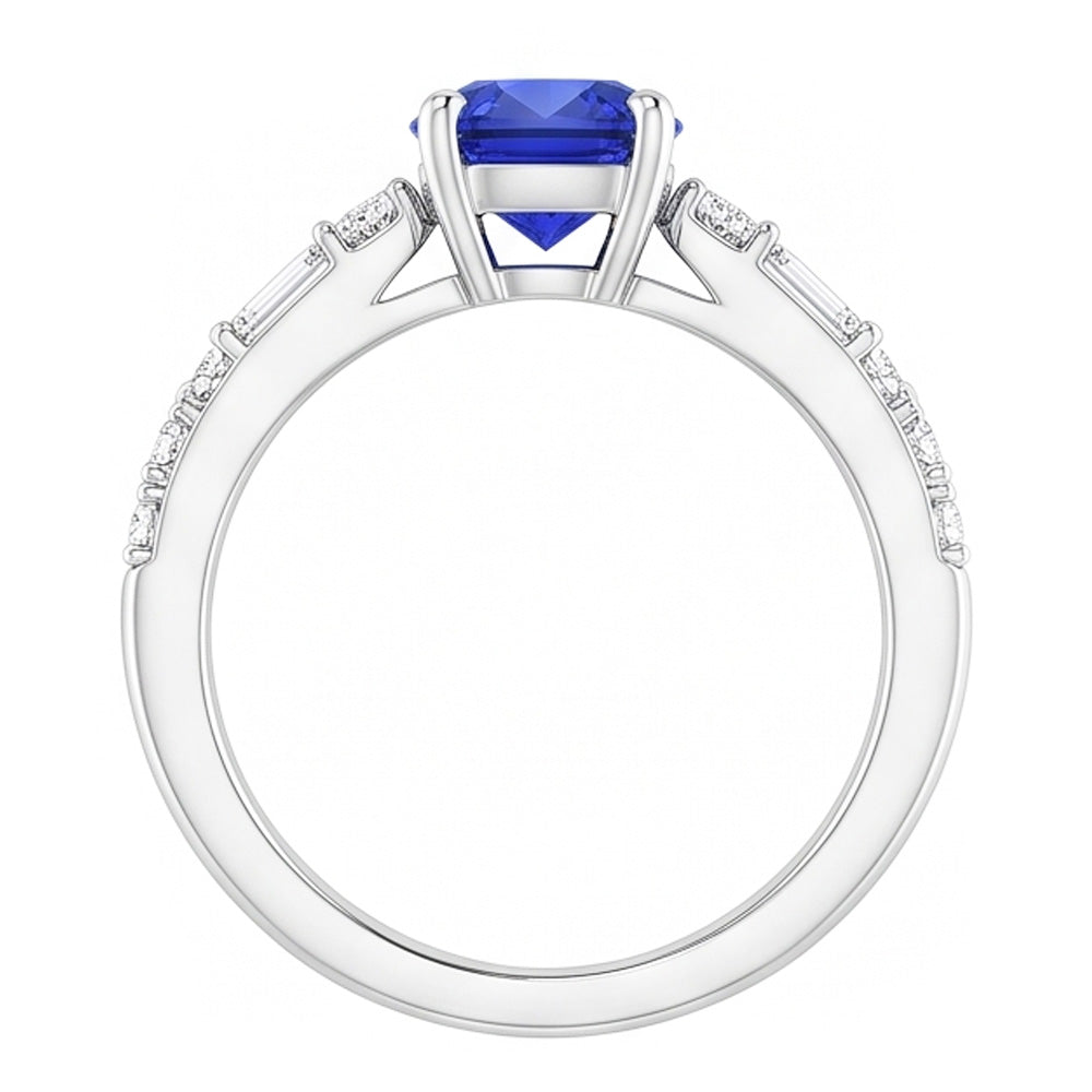 Baguette & Round Natural Earth Mined Diamond Ring Cushion Ceylon Sapphire 2.50 Carats