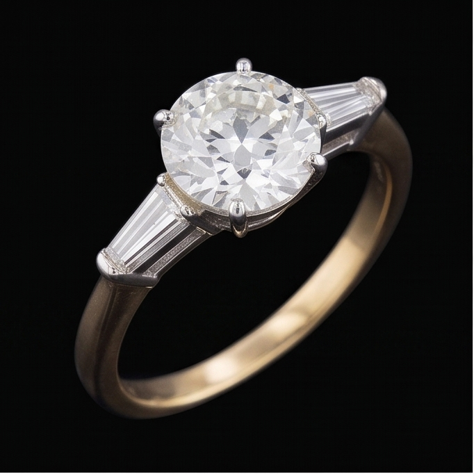 Baguette & Round Old Cut Natural Earth Mined Diamond 3 Stone Ring 6 Prong Set 2.50 Carats