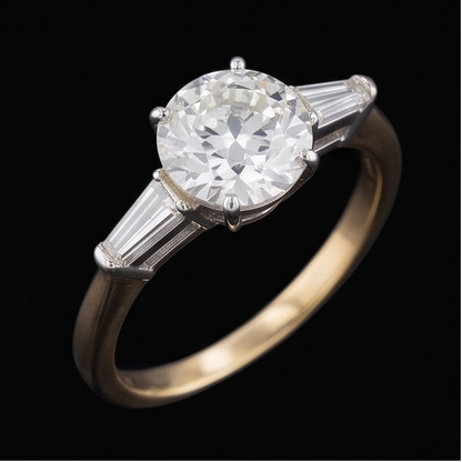 Baguette & Round Old Cut Natural Earth Mined Diamond 3 Stone Ring 6 Prong Set 2.50 Carats