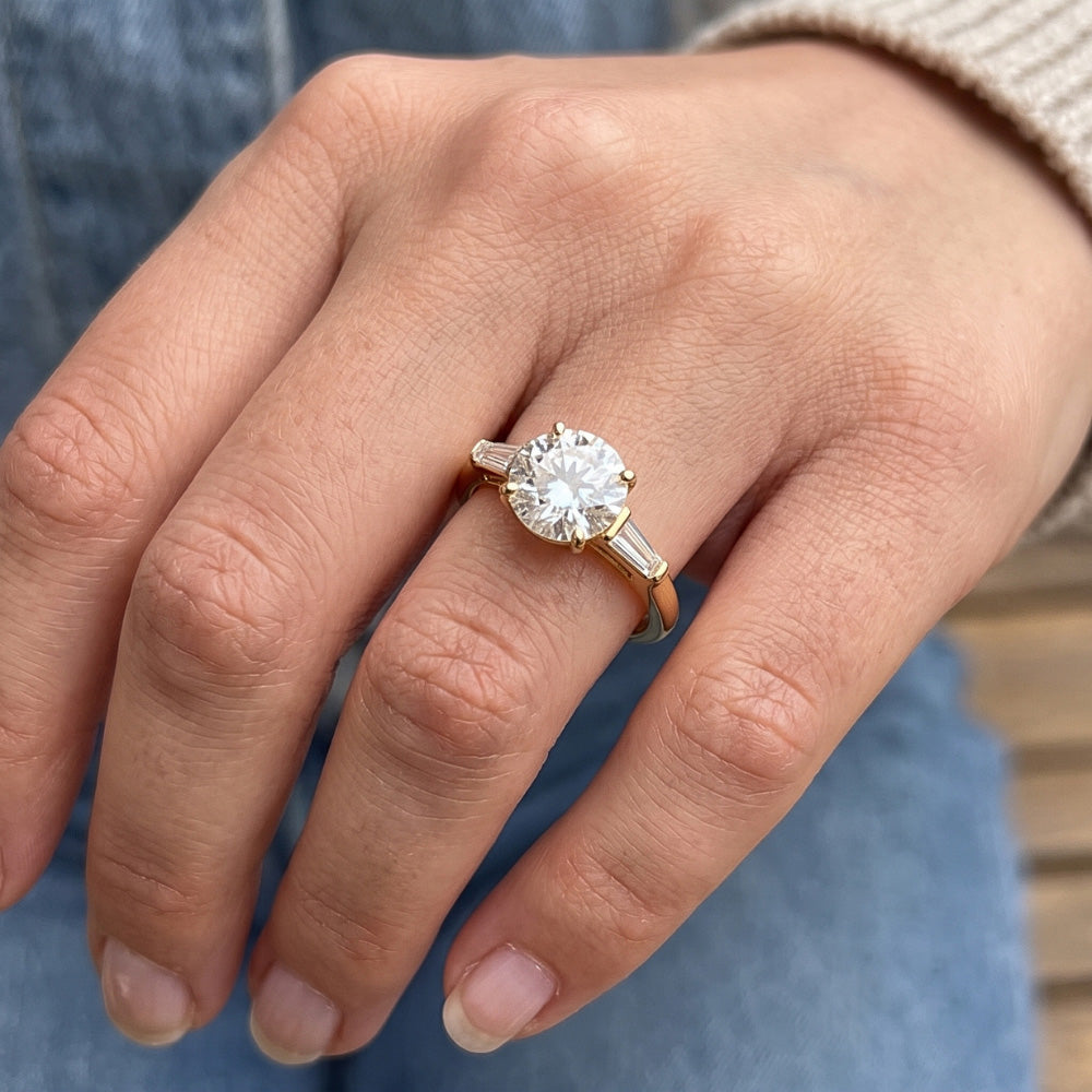 Baguette & Round Old Cut Natural Earth Mined Diamond 3 Stone Ring 6 Prong Set 2.50 Carats