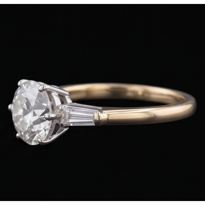 Baguette & Round Old Cut Natural Earth Mined Diamond 3 Stone Ring 6 Prong Set 2.50 Carats