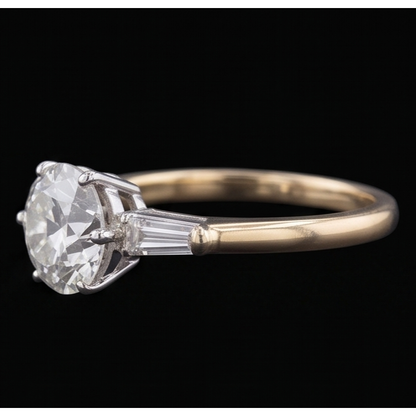 Baguette & Round Old Cut Natural Earth Mined Diamond 3 Stone Ring 6 Prong Set 2.50 Carats