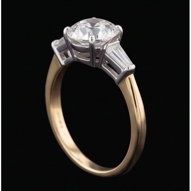 Baguette & Round Old Cut Natural Earth Mined Diamond 3 Stone Ring 6 Prong Set 2.50 Carats