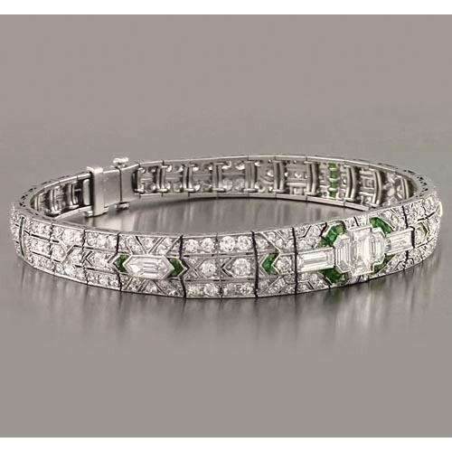 Baguette Emerald Diamond Bracelet 17.50 Carats White Gold 14K