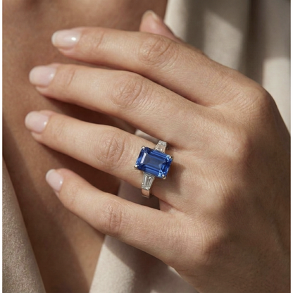 Baguette Natural Earth Mined Diamond Three Stone Emerald Ceylon Sapphire Ring 3.50 Carats
