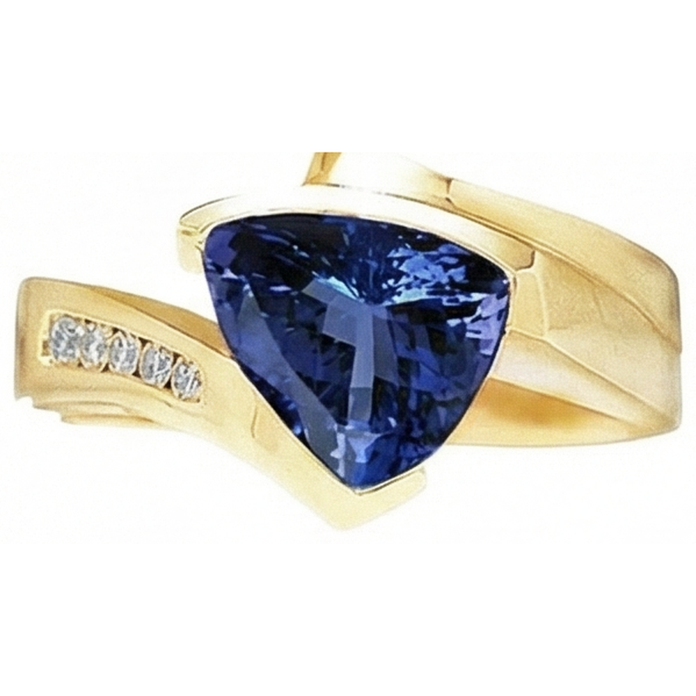 Beautiful Tanzanite Trillion Natural Earth Mined Diamonds Yellow Gold Ring 1.95 Carats