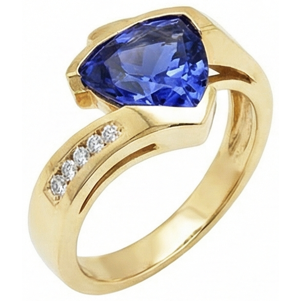 Beautiful Tanzanite Trillion Natural Earth Mined Diamonds Yellow Gold Ring 1.95 Carats