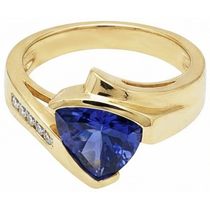 Beautiful Tanzanite Trillion Natural Earth Mined Diamonds Yellow Gold Ring 1.95 Carats