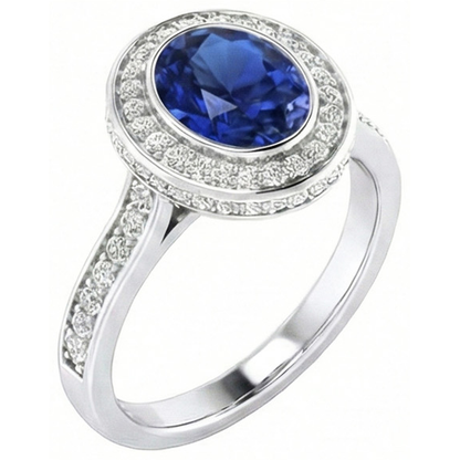 Bezel Set 3.40 Ct Halo Ceylon Sapphire And Natural Earth Mined Diamonds Ring
