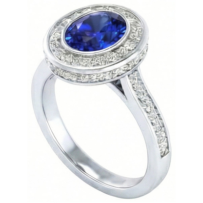 Bezel Set 3.40 Ct Halo Ceylon Sapphire And Natural Earth Mined Diamonds Ring