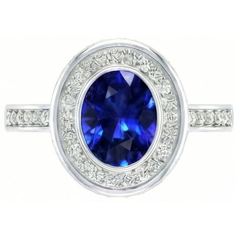 Bezel Set 3.40 Ct Halo Ceylon Sapphire And Natural Earth Mined Diamonds Ring