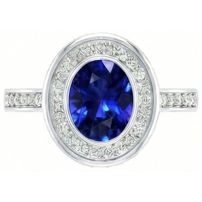 Bezel Set 3.40 Ct Halo Ceylon Sapphire And Natural Earth Mined Diamonds Ring