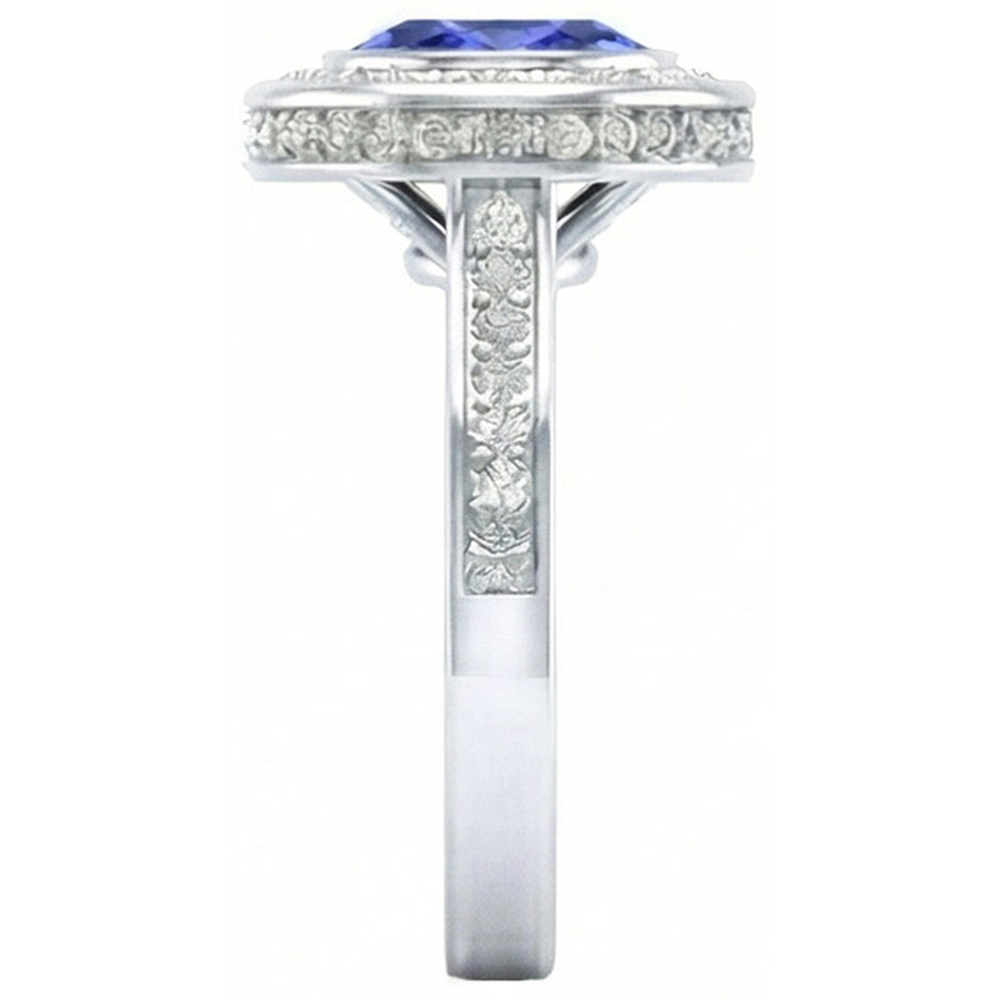 Bezel Set 3.40 Ct Halo Ceylon Sapphire And Natural Earth Mined Diamonds Ring