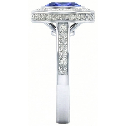 Bezel Set 3.40 Ct Halo Ceylon Sapphire And Natural Earth Mined Diamonds Ring
